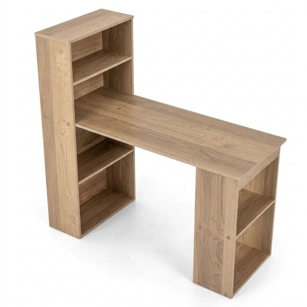 Multifunktionaler Schreibtisch mit Regal, ideal für Büro und Zuhause, 122 x 56 x 122 cm (Naturholz)