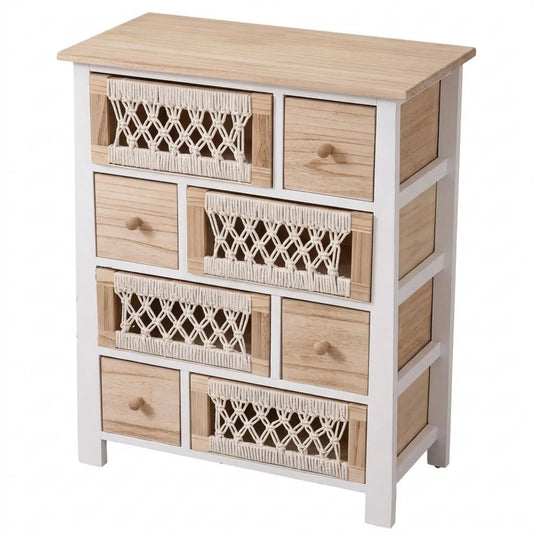 Holz & Textil Kommode im Boho Chic, 8 Schubladen, 56 x 77 cm