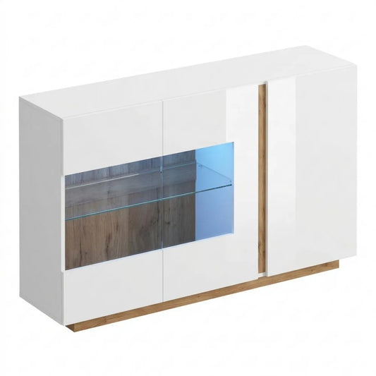 Hochglanz Sideboard mit LED und Glaselementen, Schrank mit 3 Türen