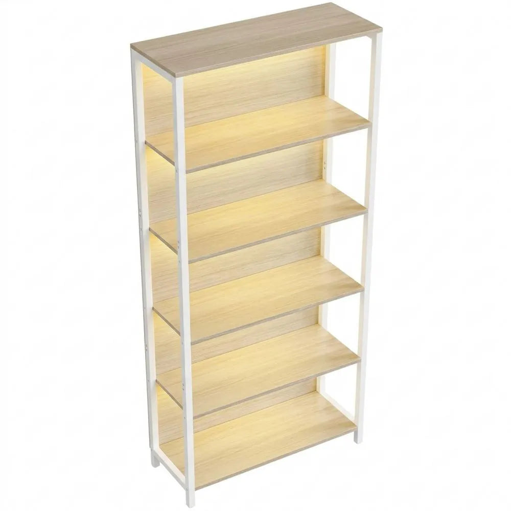 Bücherregal mit LED-Beleuchtung und Stahlrahmen, 6 Ebenen, naturbeige